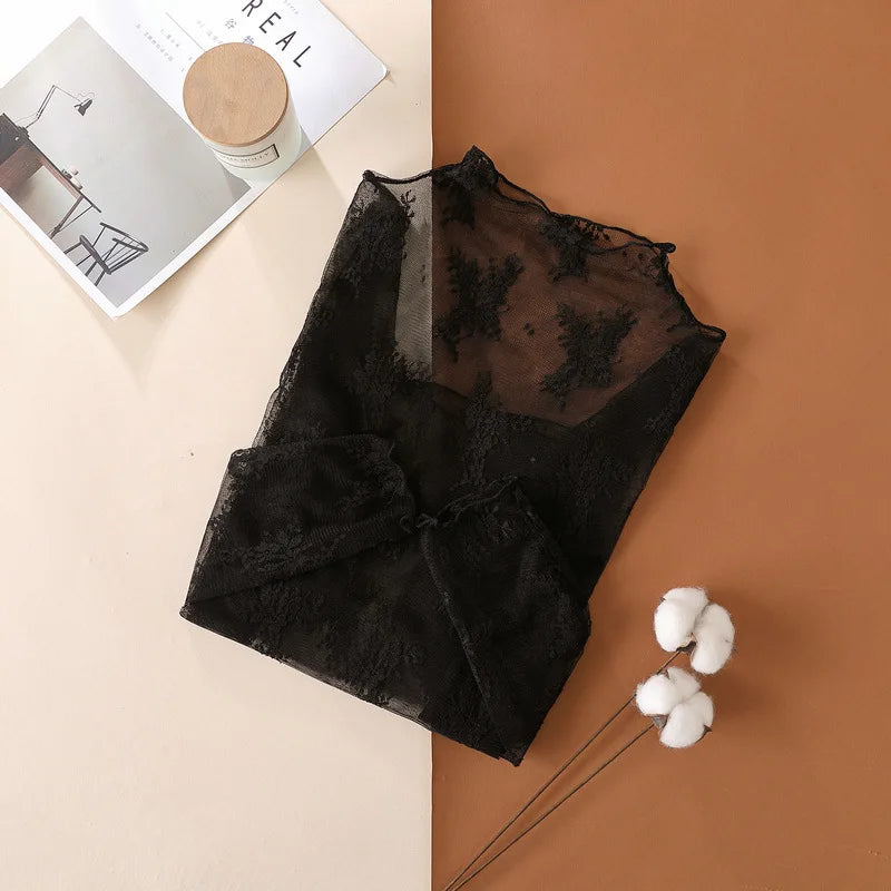 T-Shirts en maille pour femmes, chemisier en dentelle transparente, manches longues, hauts transparents pour femmes, chemise à bascule, T-Shirts transparents, haut court
