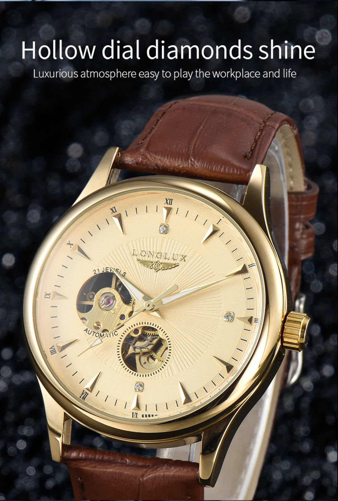 Montre automatique LONGLUX, style élégant, vente en gros, montres mécaniques squelette, cadran romain, étanche, montre homme, cadeau pour homme