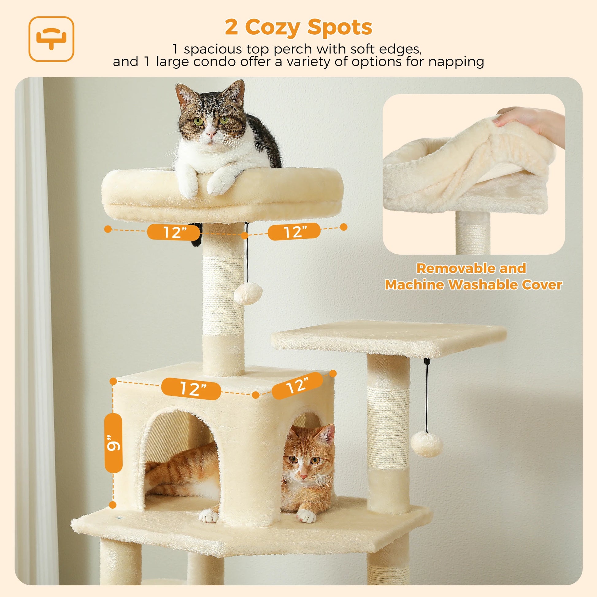 Arbre à chat beige avec 2 spots confortables, coussin amovible et lavable, griffoir intégré pour chats