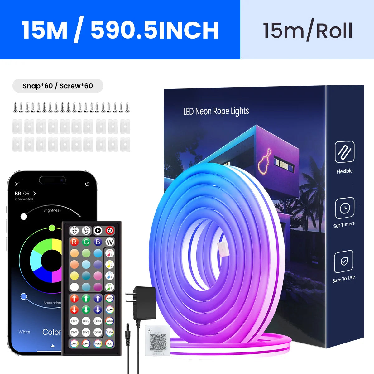 Guirlande LED néon RGB 15m avec télécommande et contrôle via smartphone, flexible et sécurisée pour intérieur/extérieur