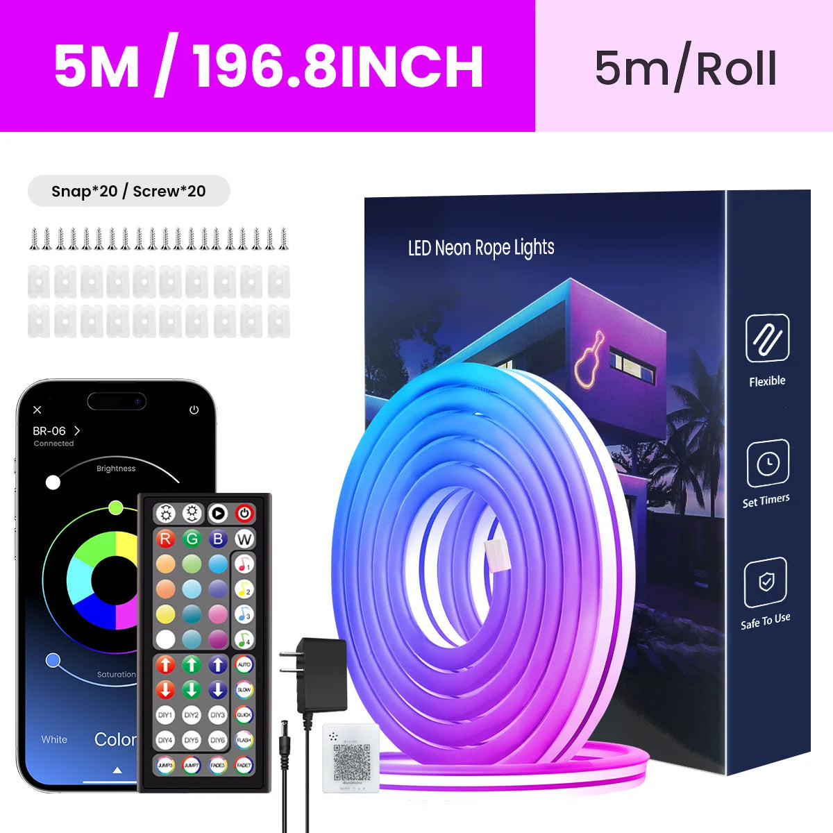 Ruban LED néon RGB 5m, télécommande et contrôle via smartphone, flexible et sécurisé pour intérieur/extérieur