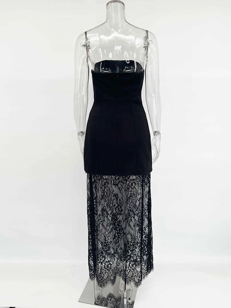Tornova – robe en dentelle sans bretelles pour femme, ensemble élégant et Sexy, gilet à bretelles, taille haute, jupe longue d'épissure, Slim, Banquet, 2 pièces