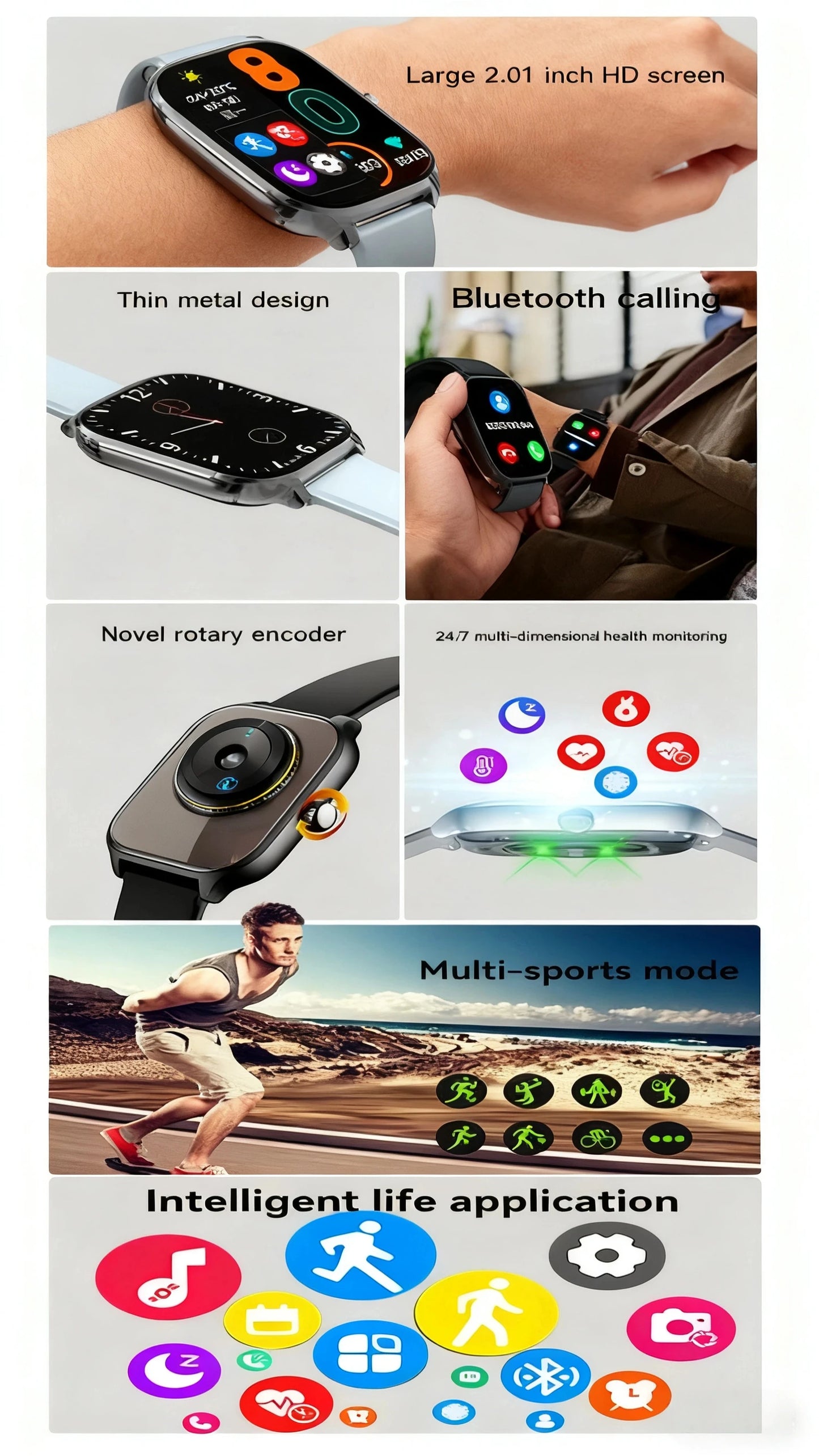 Montre connectée HOMEFISH C20, écran HD de 1.77 pouces, appel Bluetooth, alerte de message, mode sport, montre connectée pour hommes et femmes