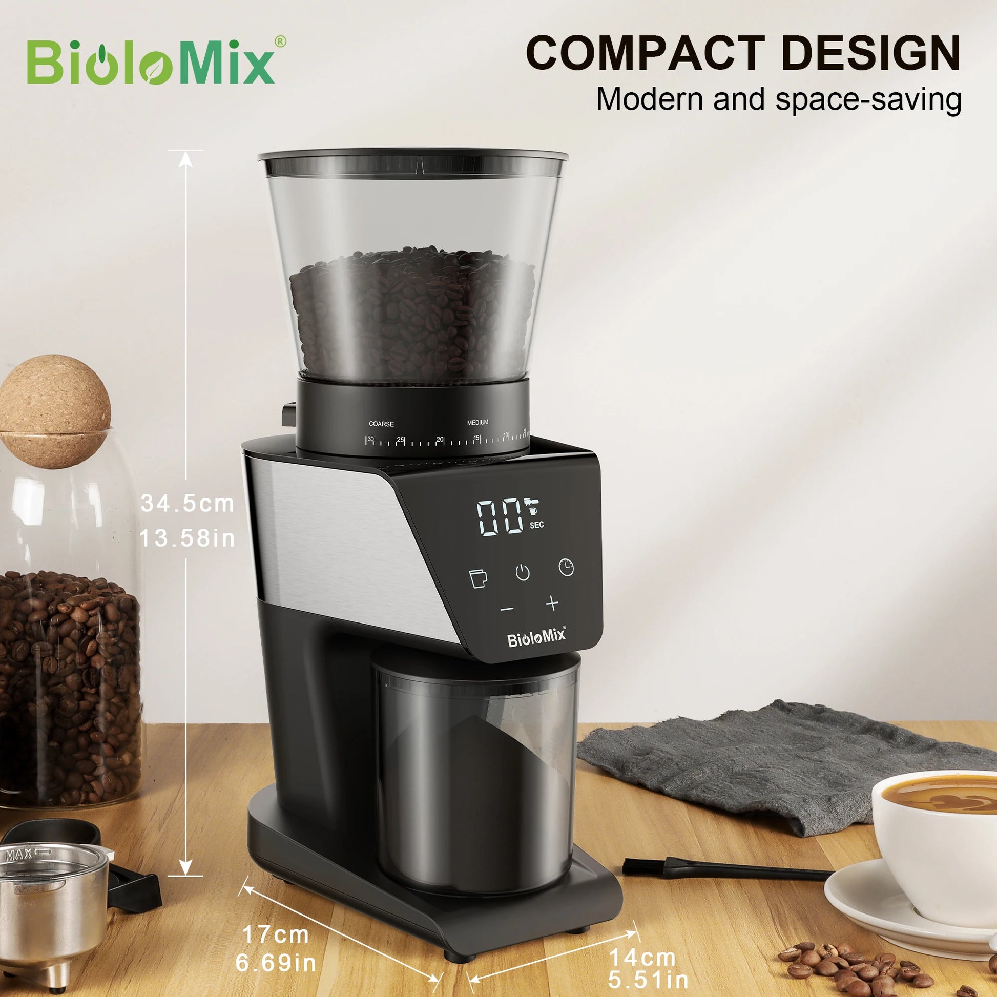 Moulin à café électrique BioloMix compact, design moderne, avec affichage numérique et grains de café