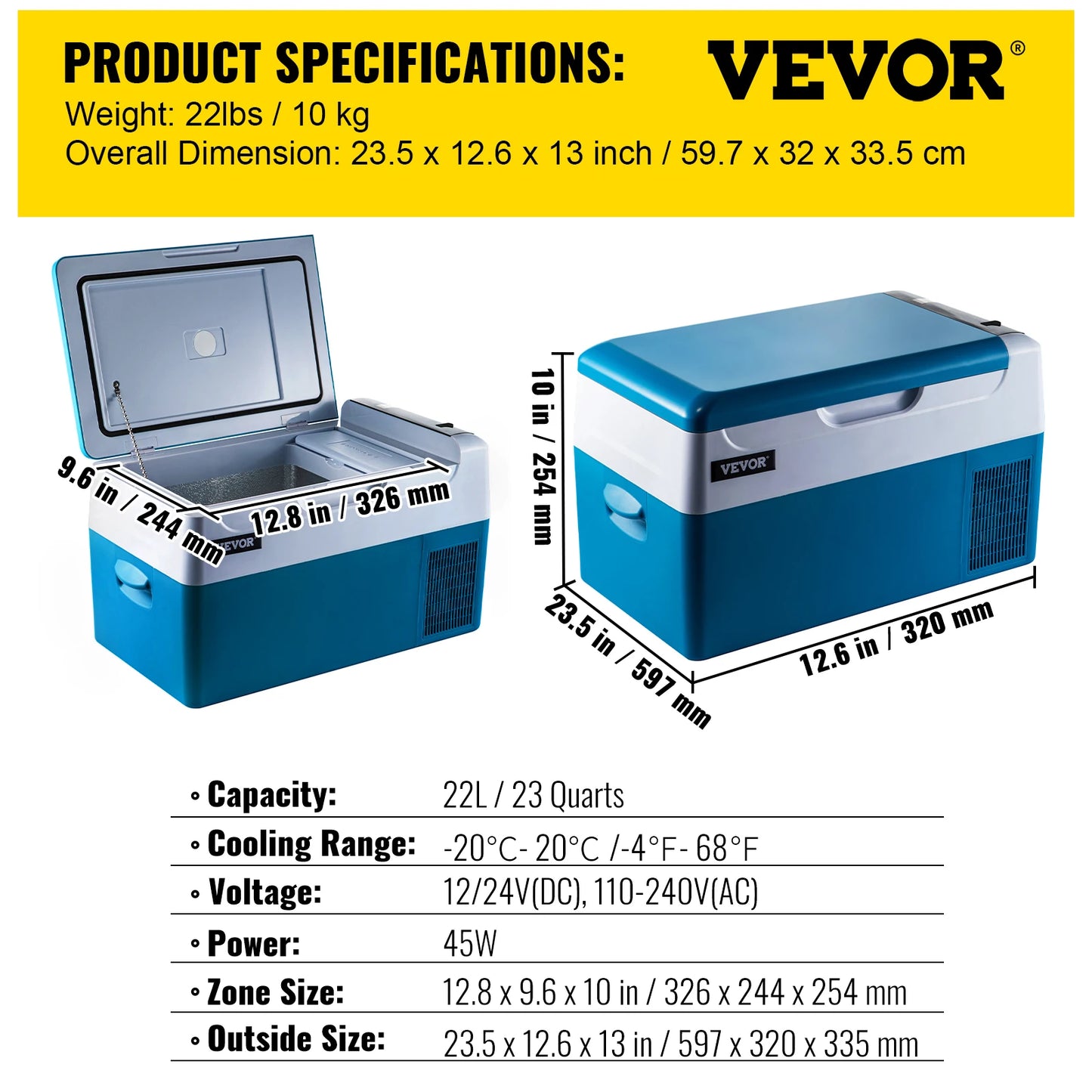 Congélateur portable VEVO® 22L, refroidissement -20°C à 20°C, 12/24V et 110-240V, idéal pour voiture ou maison