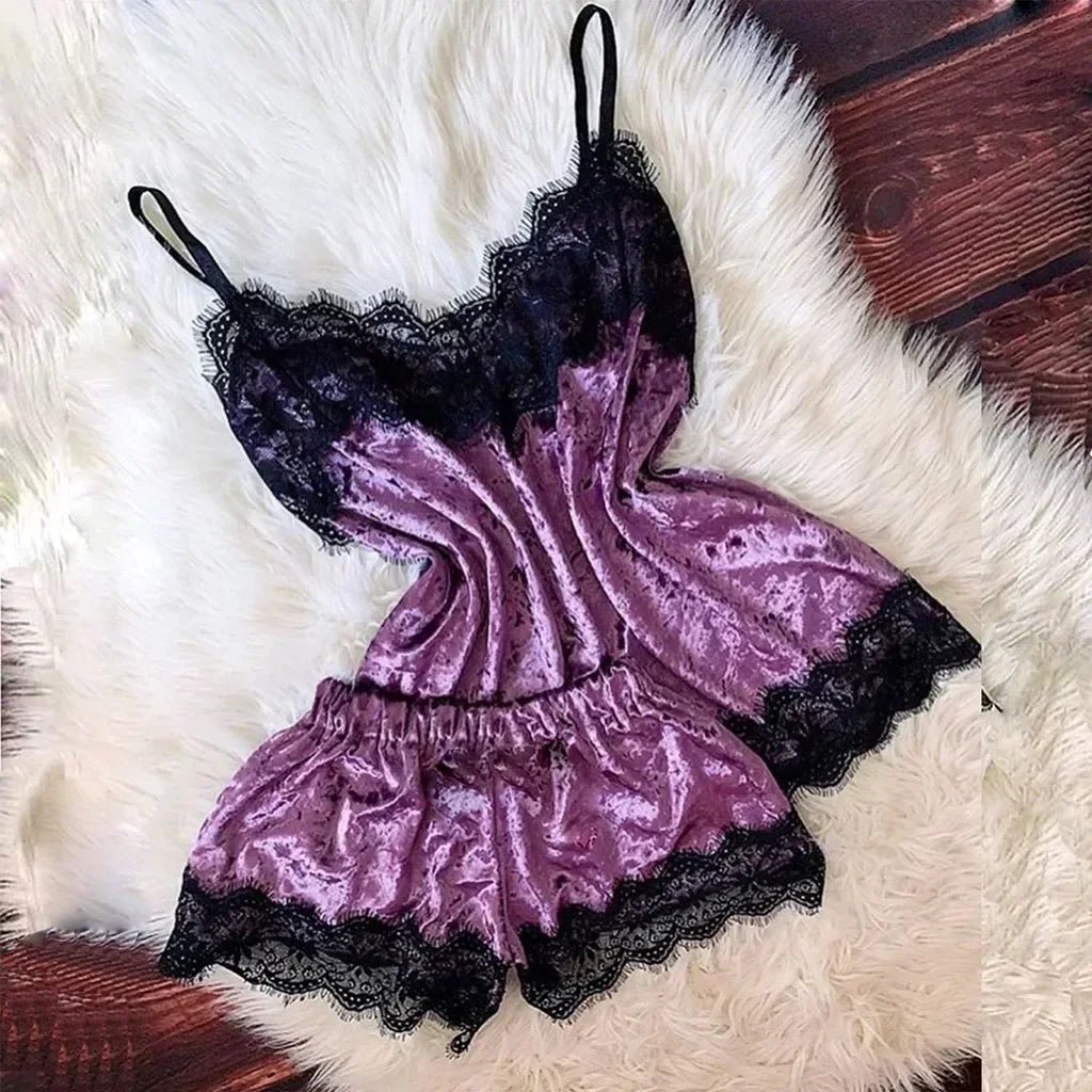 Été déshabillé en dentelle Sexy Satin pyjamas ensemble femmes chemise de nuit 2 pièces haut court et ensemble short et haut Homewear vêtements de détente