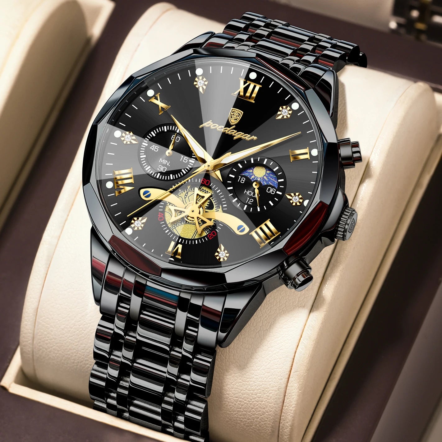 POEDAGAR Montre de luxe pour homme, étanche, chronographe lumineux, montre sport pour homme, acier inoxydable, montre à quartz tendance pour homme, Reloj