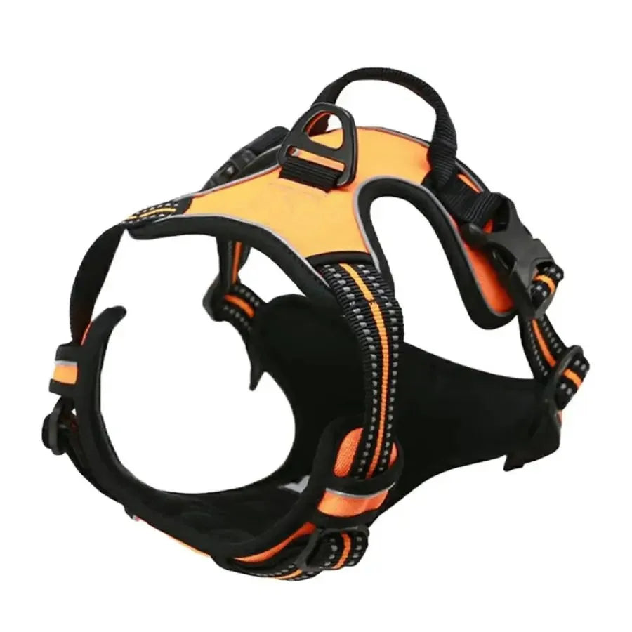 Harnais de chien orange et noir avec sangle réfléchissante et ajustable pour promenade en sécurité