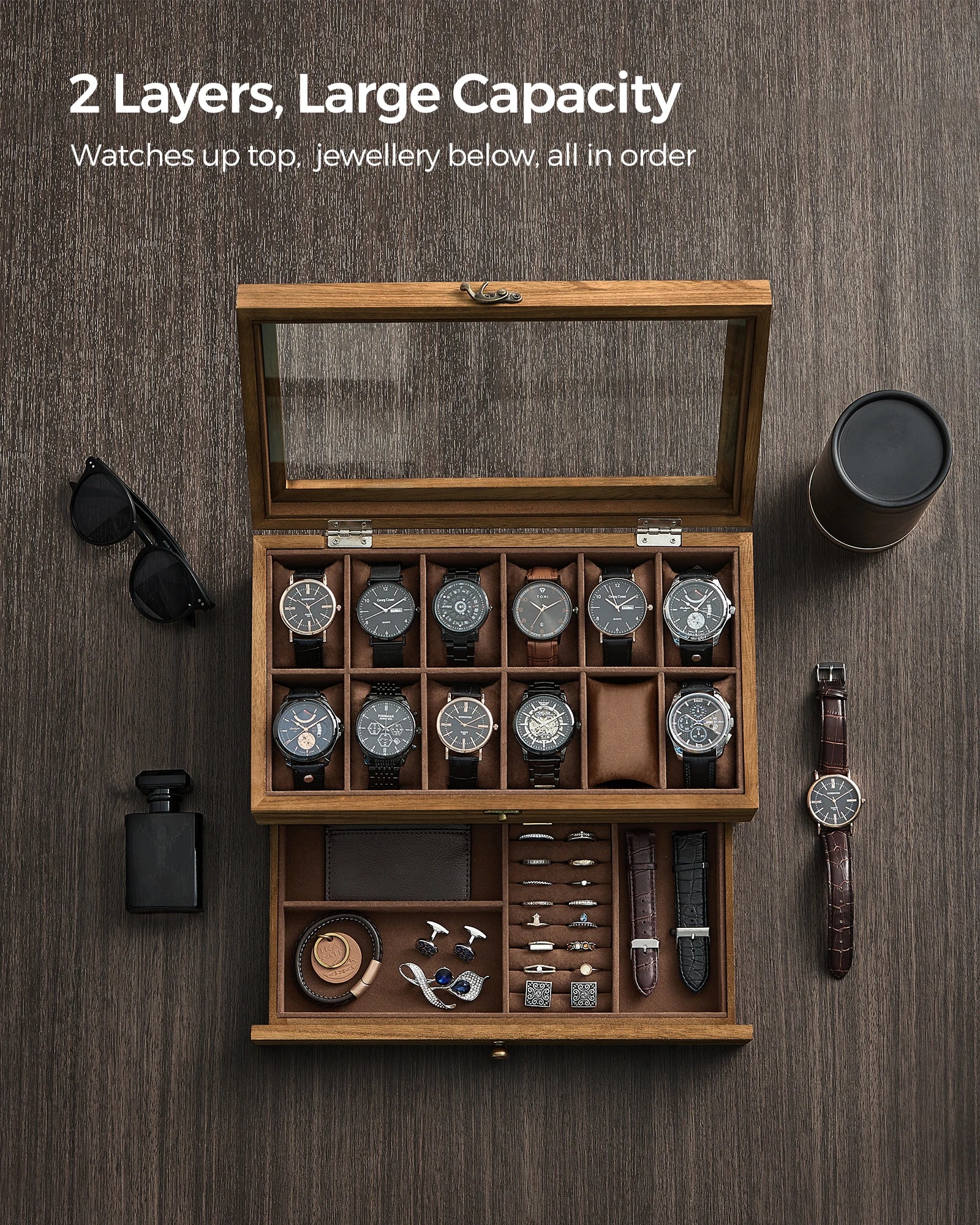 Boîte à montres en bois 2 niveaux, rangement bijoux et accessoires, capacité grande, design élégant