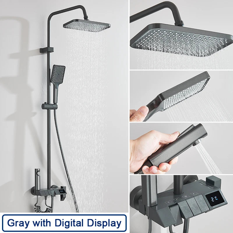 Rozin – ensemble de robinets de douche à affichage numérique intelligent noir, système de salle de bains à pluie de Style Piano, mitigeur numérique gris, douche de Bidet