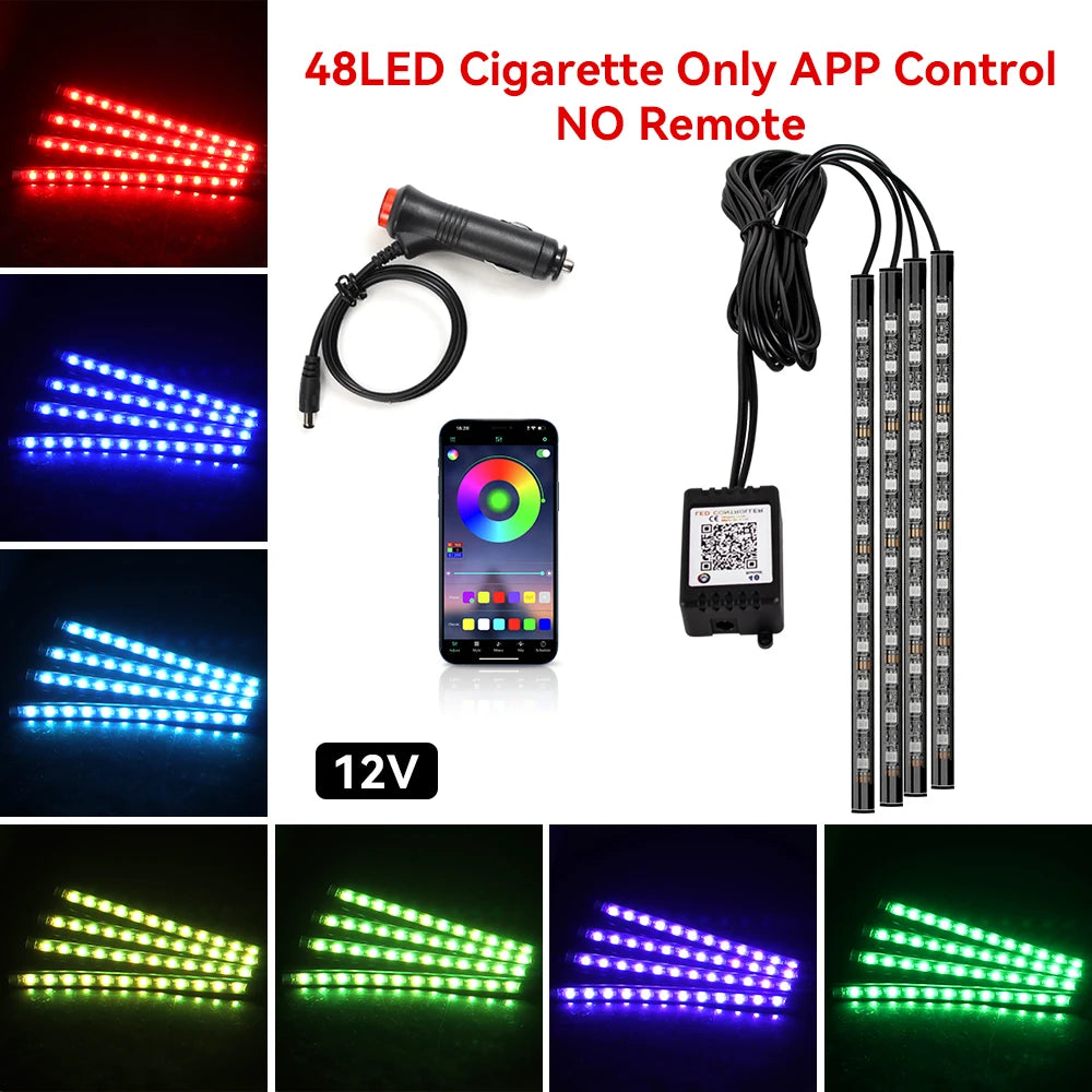Kit de lumière d'ambiance pour intérieur de voiture, néon 36 48 72 LED, rétro-éclairage, application à distance, contrôle de la musique, lampe décorative d'ambiance RGB automatique