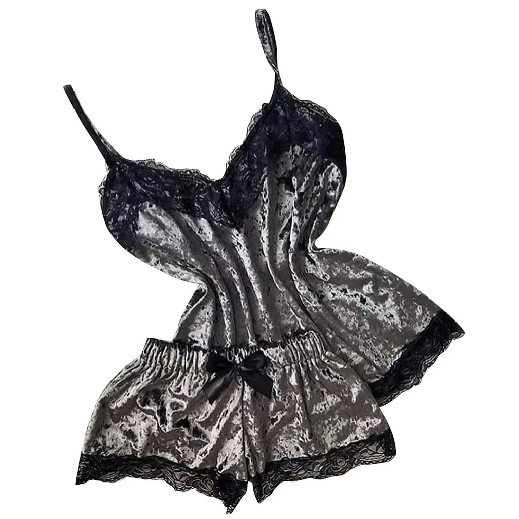 Été déshabillé en dentelle Sexy Satin pyjamas ensemble femmes chemise de nuit 2 pièces haut court et ensemble short et haut Homewear vêtements de détente