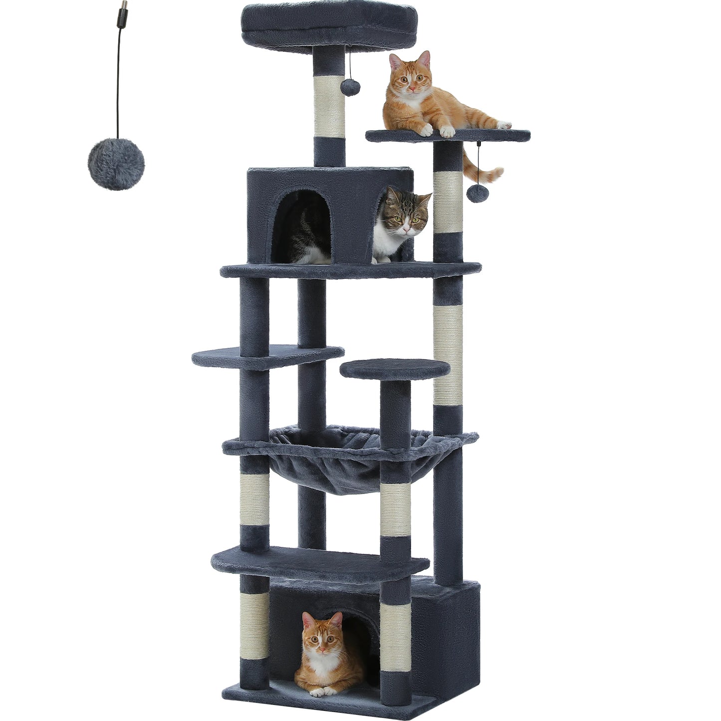 Arbre à chat gris avec plateformes, griffoirs et niches pour chats, idéal pour jeu et repos
