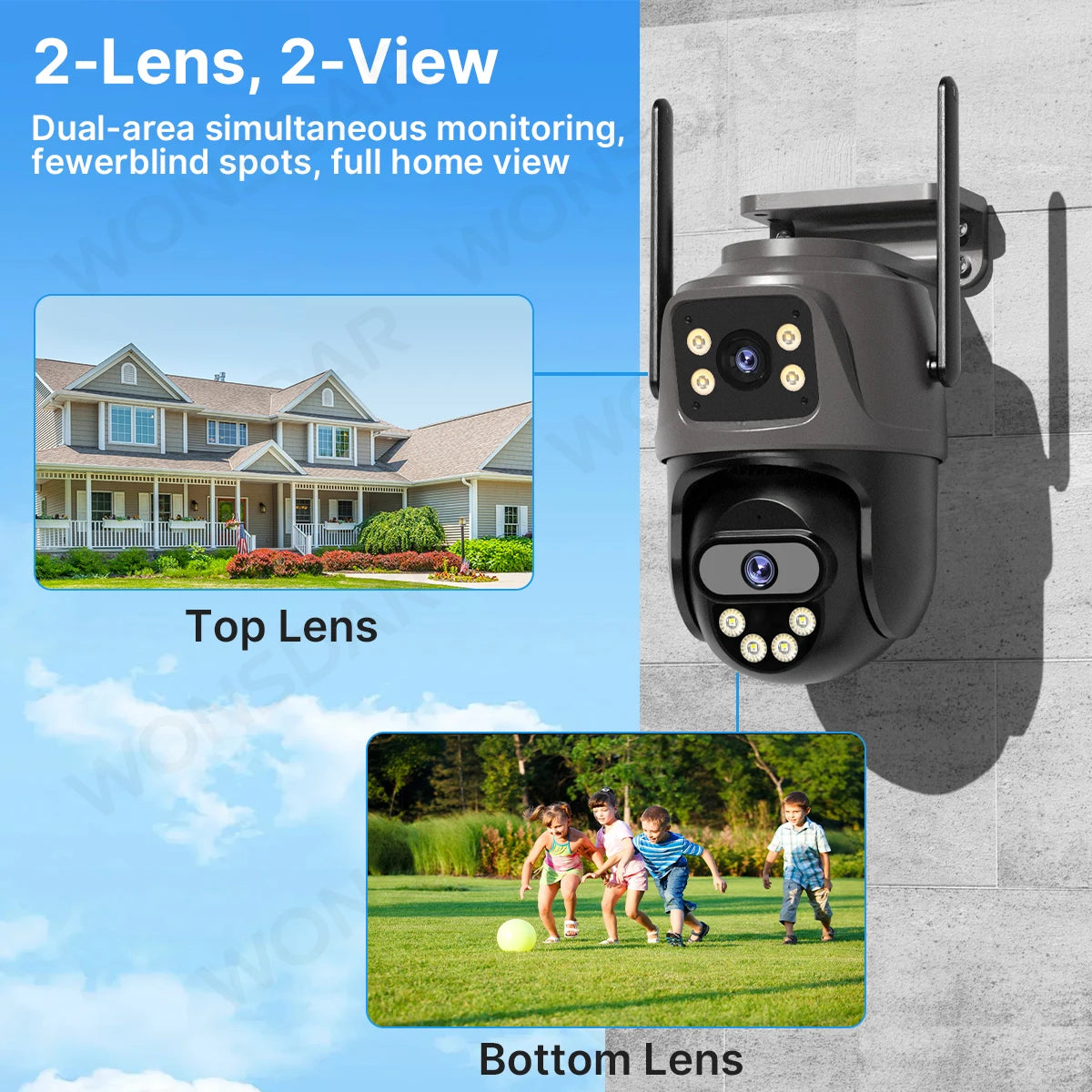 Caméra de surveillance extérieure double objectif, vue panoramique maison et jardin, surveillance enfant en plein air