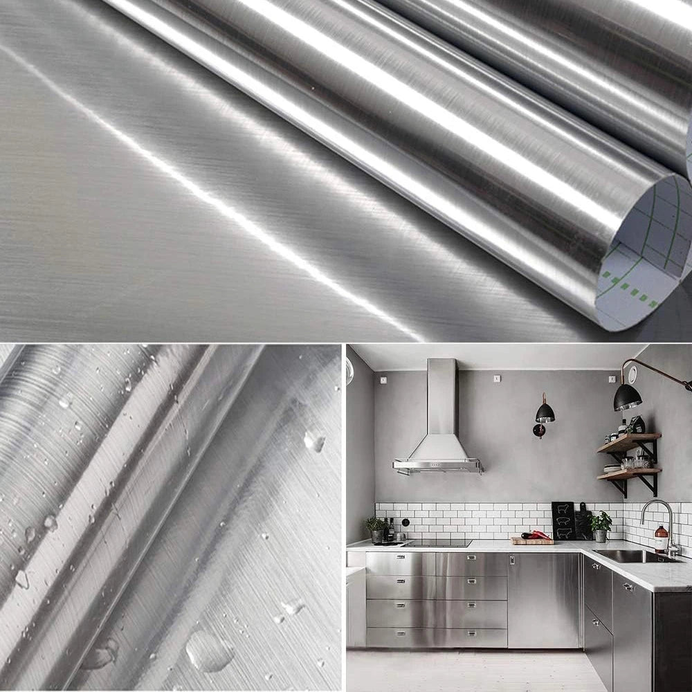 Autocollant mural en acier inoxydable brossé argenté de 40 cm, imperméable, résistant à l'huile, auto-adhésif, papier peint pour cuisine, réfrigérateur, comptoir