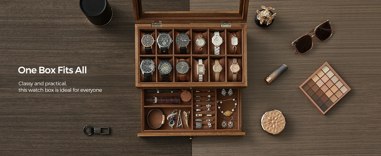 Boîte à montres en bois avec compartiments pour bijoux, idéale pour rangement élégant et pratique