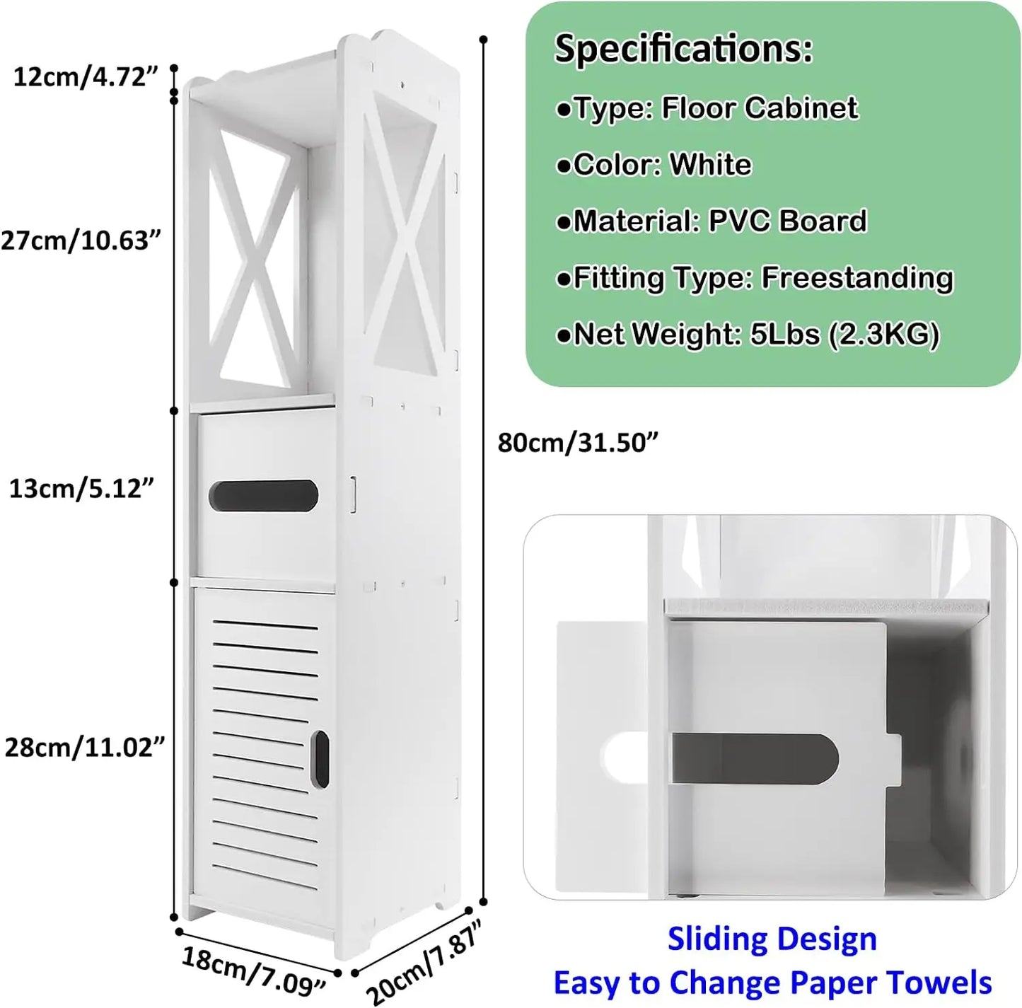 Armoire de sol blanche en PVC avec tiroir coulissant pour essuie-tout, design compact et fonctionnel