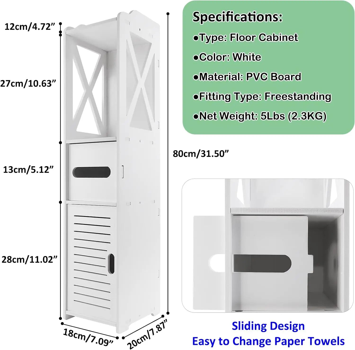 Armoire de sol blanche en PVC avec tiroir coulissant pour essuie-tout, design compact et fonctionnel