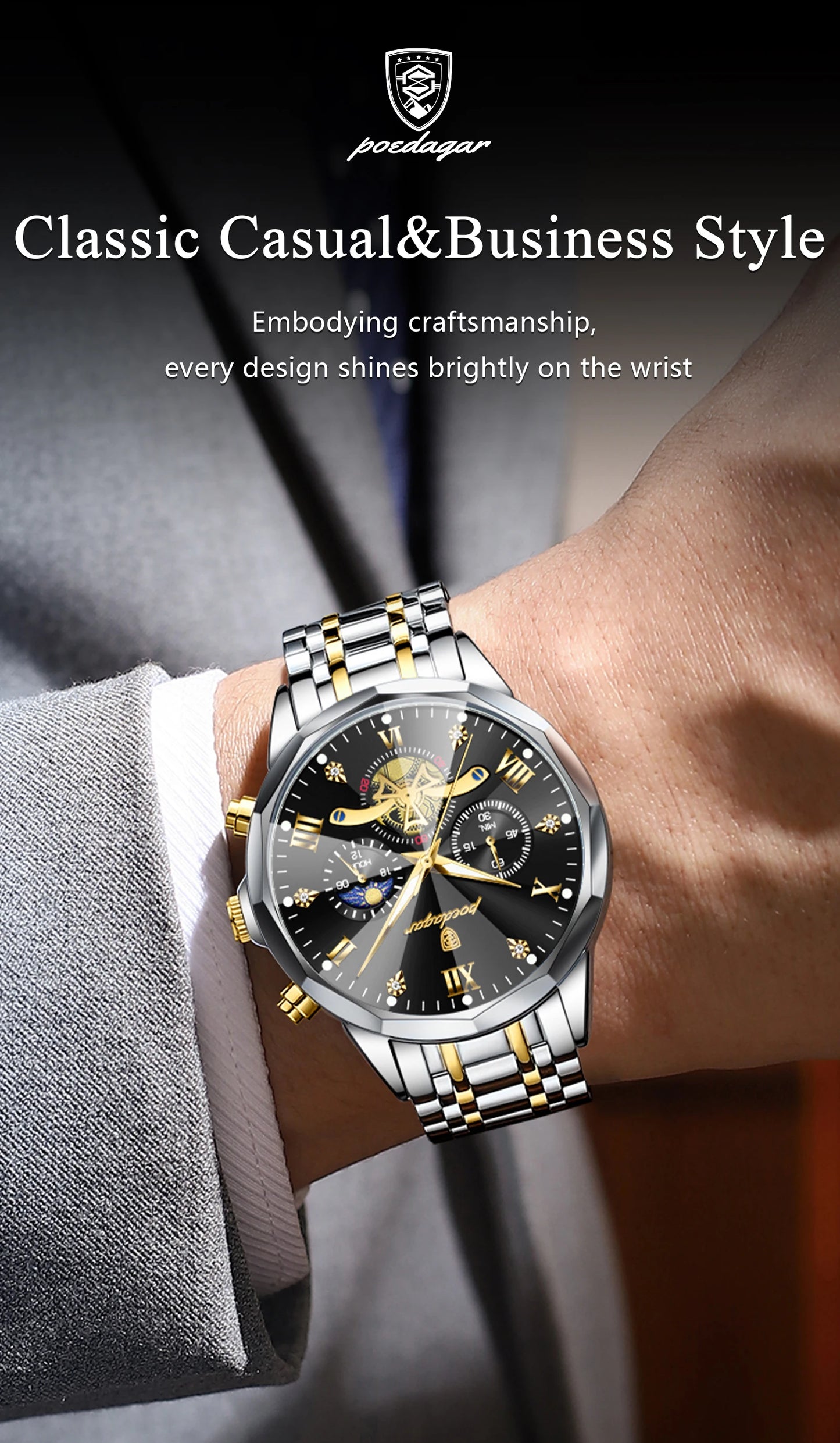 POEDAGAR Montre de luxe pour homme, étanche, chronographe lumineux, montre sport pour homme, acier inoxydable, montre à quartz tendance pour homme, Reloj