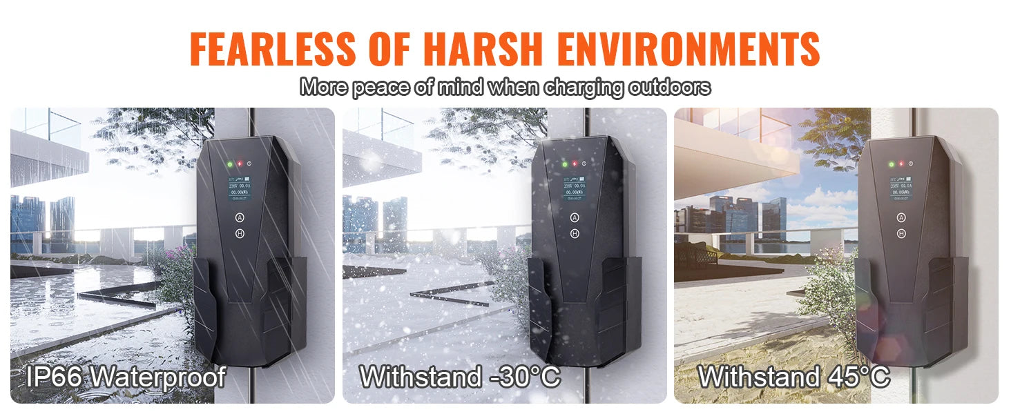 Chargeur mural étanche IP66, résistant au froid -30°C et à la chaleur 45°C, idéal pour extérieur