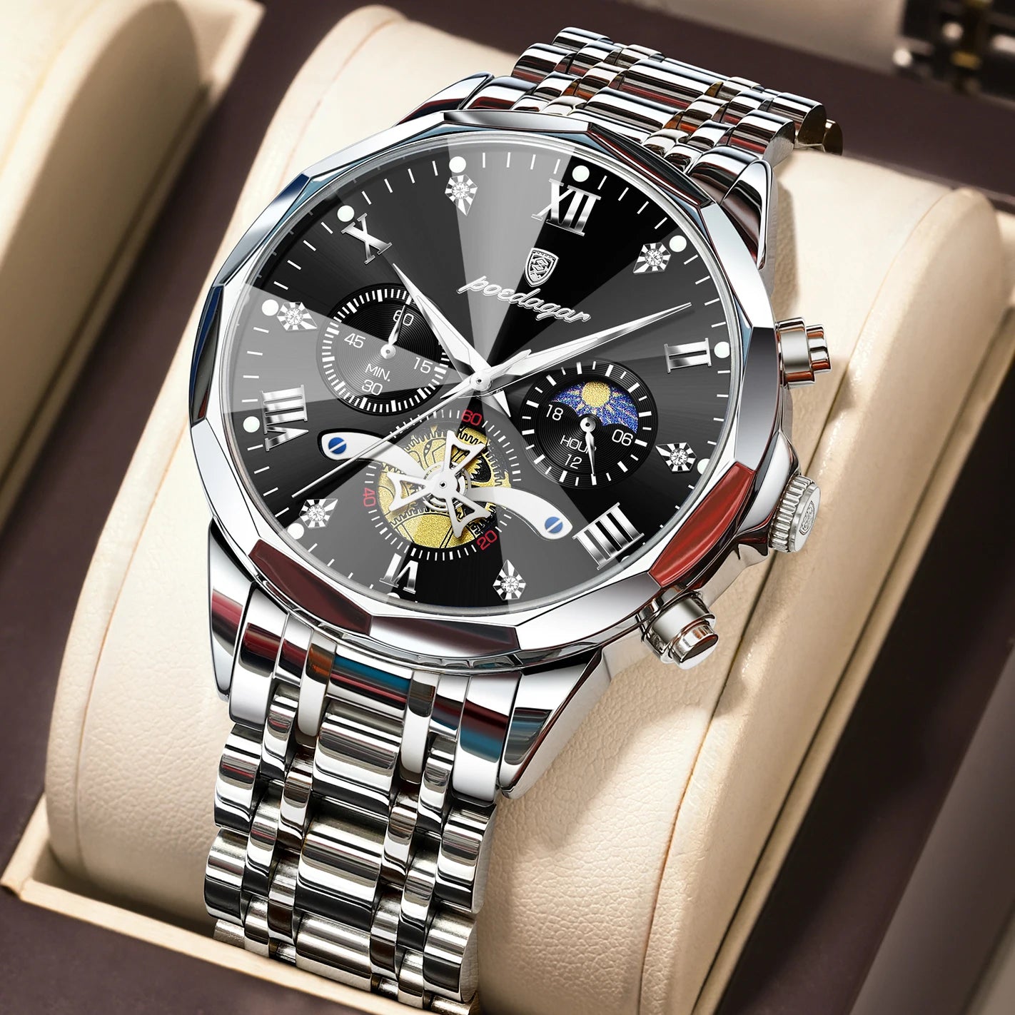 POEDAGAR Montre de luxe pour homme, étanche, chronographe lumineux, montre sport pour homme, acier inoxydable, montre à quartz tendance pour homme, Reloj