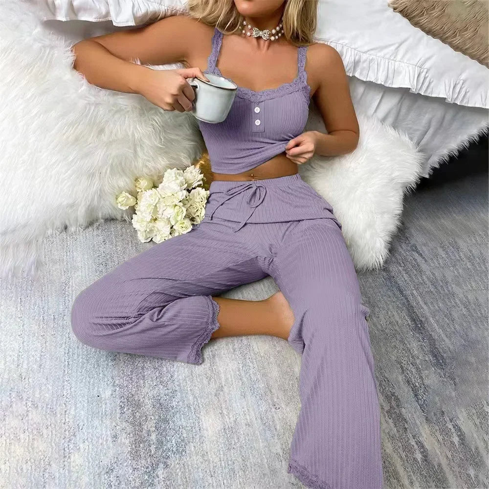 Ensemble pyjama côtelé pour femmes, garniture en dentelle, haut et pantalon à cordon de serrage, vêtements de nuit sexy, doux, vêtements de maison, automne