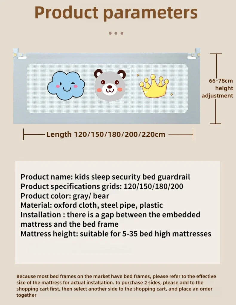 Barrière de sécurité pour lit enfant, motifs nuage, ours et couronne, ajustable 66-78cm, longueur 120-220cm