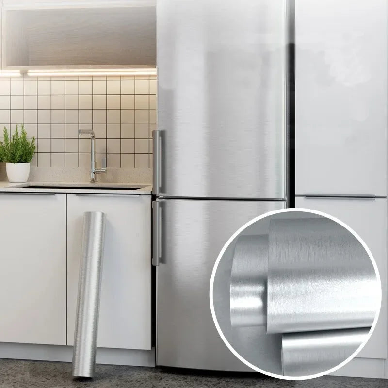 Autocollant mural en acier inoxydable brossé argenté de 40 cm, imperméable, résistant à l'huile, auto-adhésif, papier peint pour cuisine, réfrigérateur, comptoir