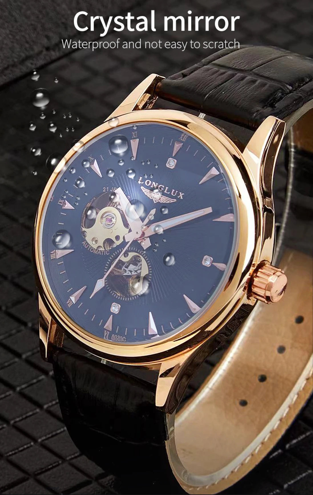 Montre automatique LONGLUX, style élégant, vente en gros, montres mécaniques squelette, cadran romain, étanche, montre homme, cadeau pour homme