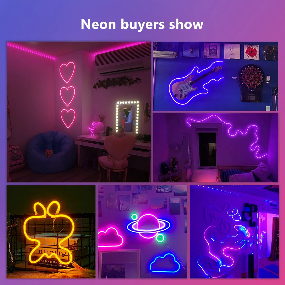 Décorations néon colorées pour chambre : coeurs, guitare, planète, nuages et motifs abstraits lumineux