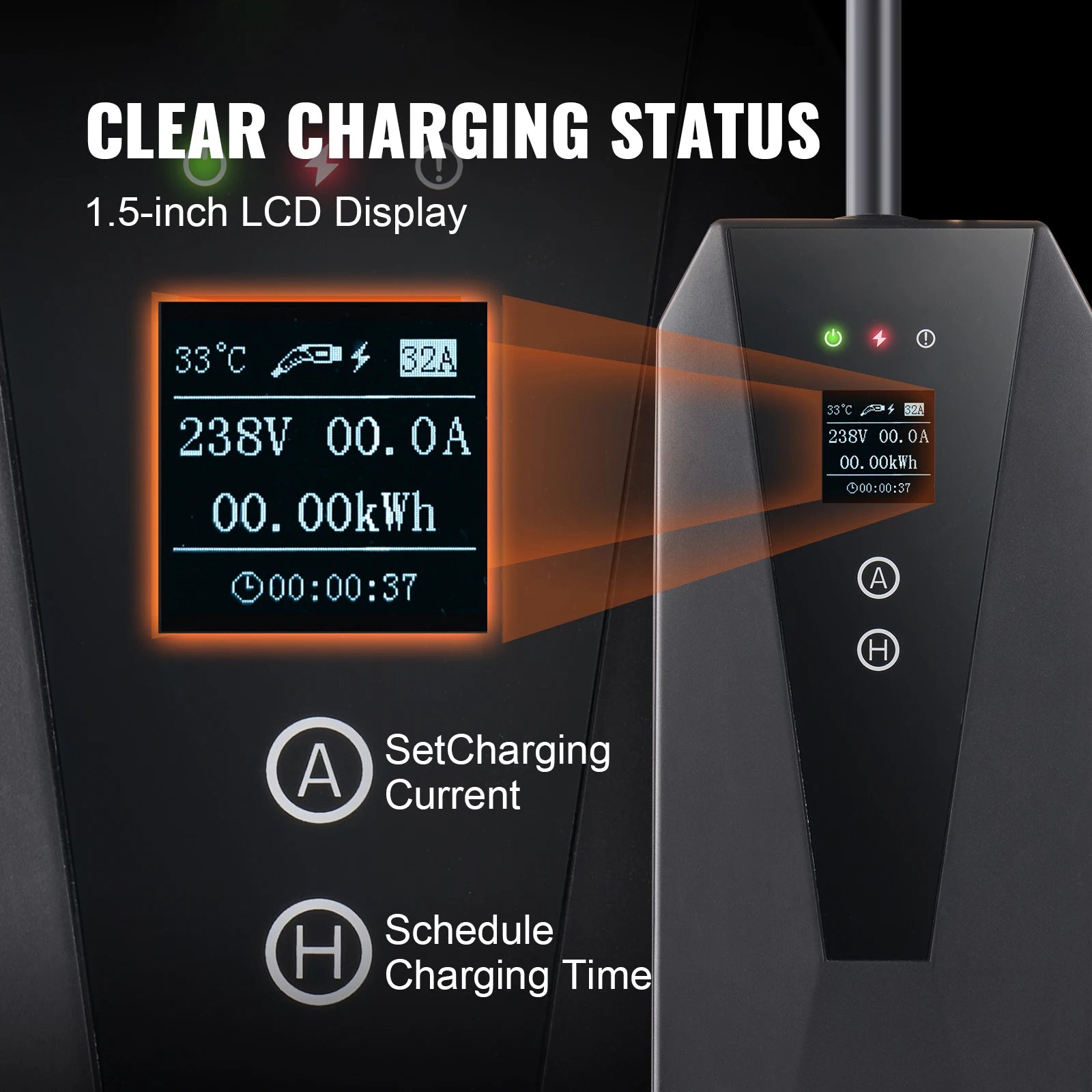 Chargeur EV avec écran LCD 1,5 pouce affichant tension, courant, énergie et temps de charge