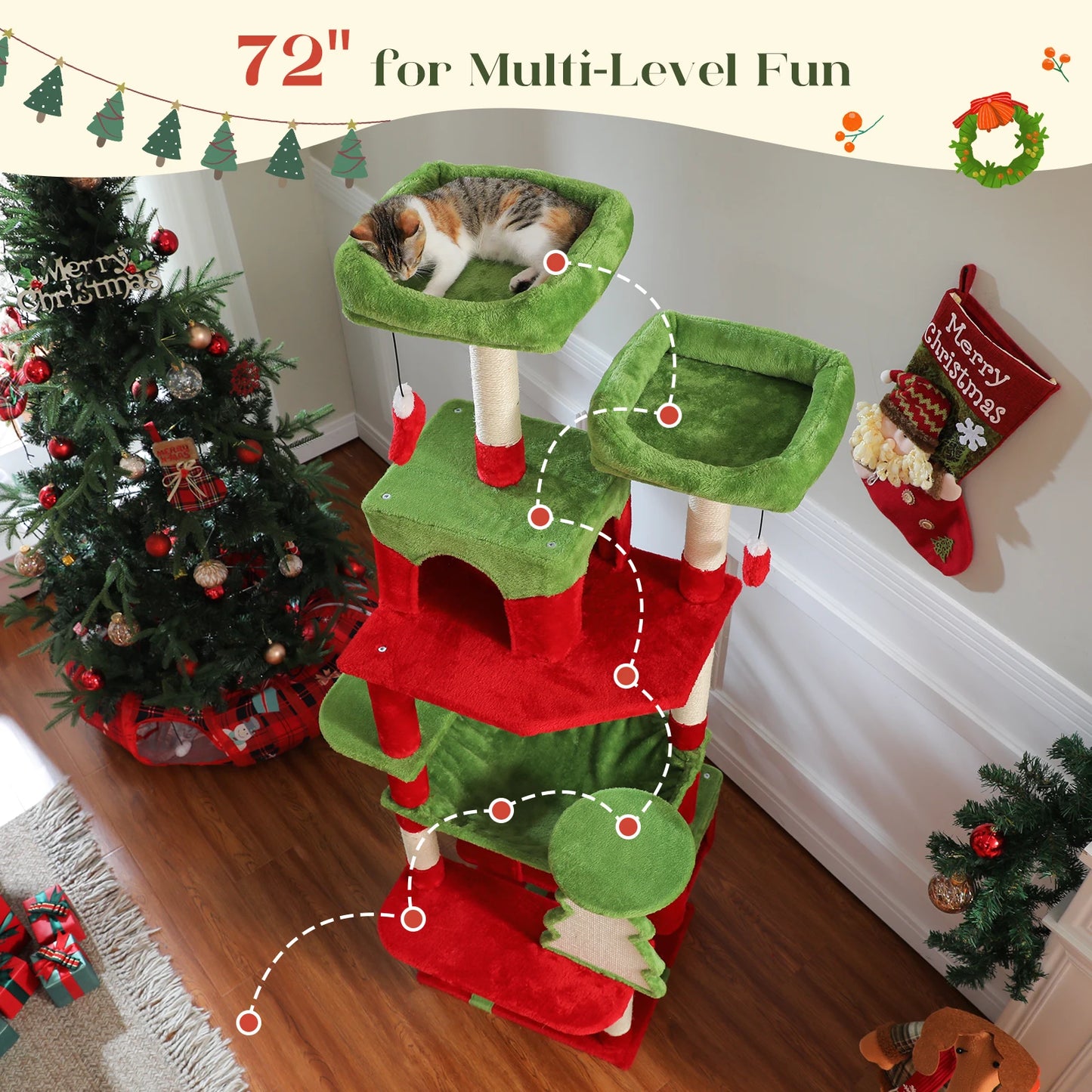 Arbre à chat de Noël 72 pouces, multilevel, vert et rouge, avec chat dormant, idéal pour les fêtes