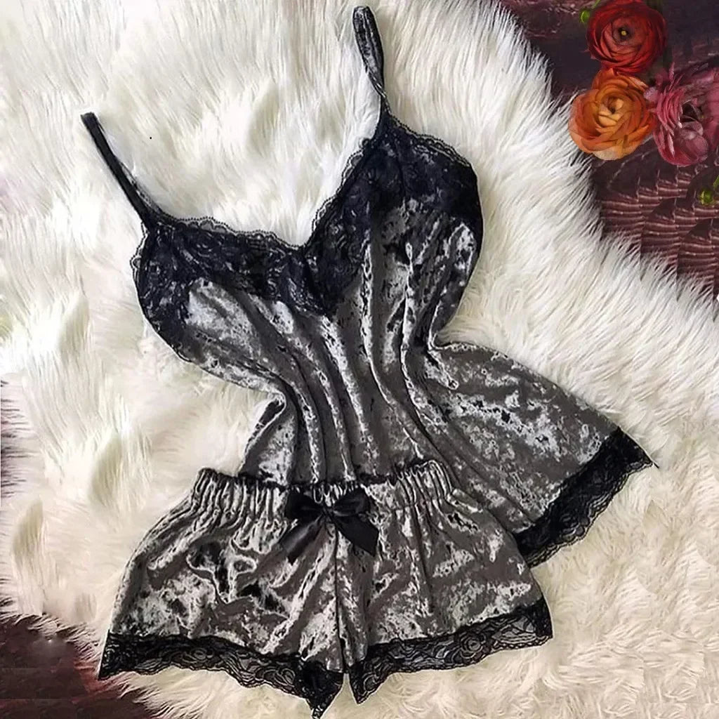 Été déshabillé en dentelle Sexy Satin pyjamas ensemble femmes chemise de nuit 2 pièces haut court et ensemble short et haut Homewear vêtements de détente
