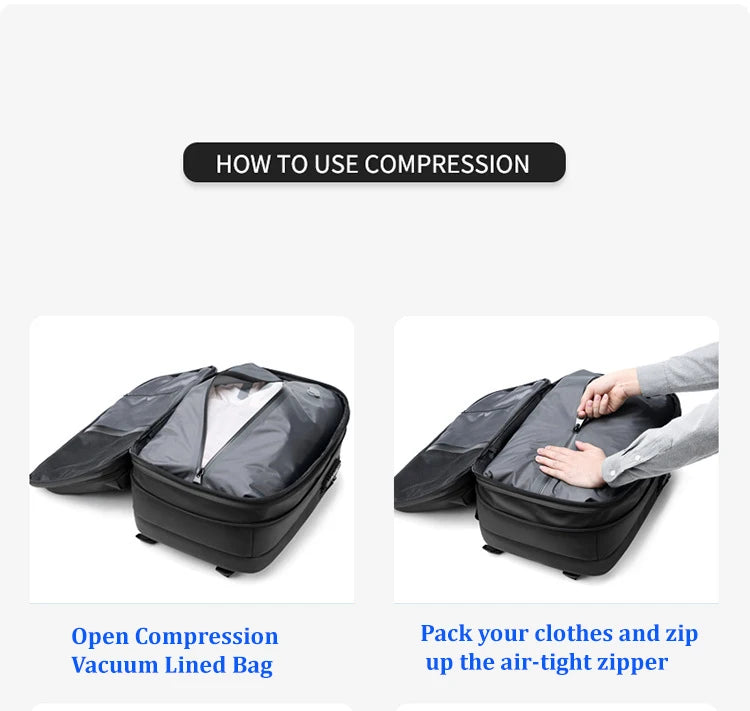 Sac à dos à compression sous vide pour ordinateur portable, sac à dos de voyage pour hommes, grande capacité, sac à dos scolaire, expansion, extérieur, SR, 17 pouces