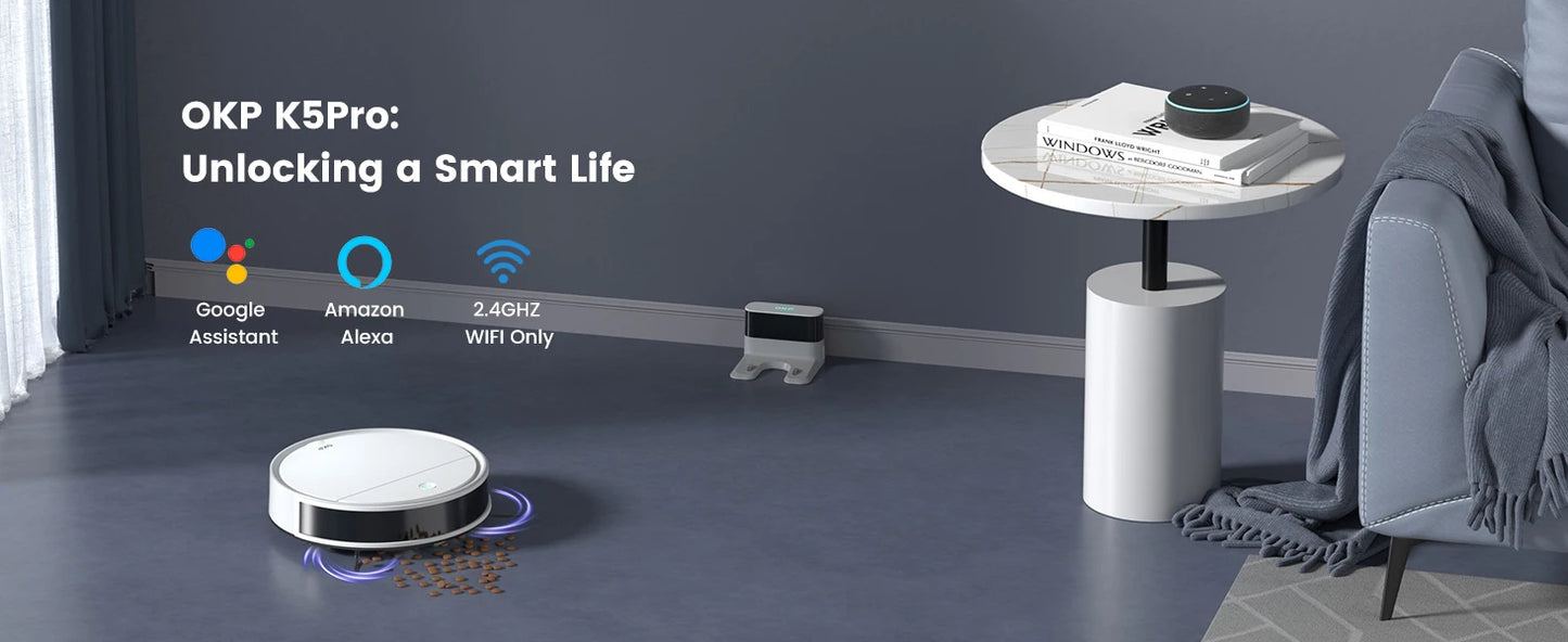 Robot aspirateur OKP K5Pro intelligent avec Google Assistant, Alexa et WiFi 2.4GHz pour une maison connectée