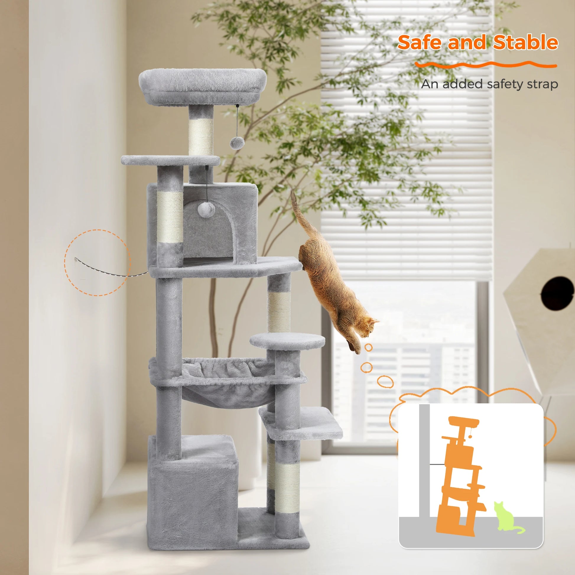 Arbre à chat gris avec griffoirs, plateformes et hamac, sécurisé par sangle, idéal pour chat actif