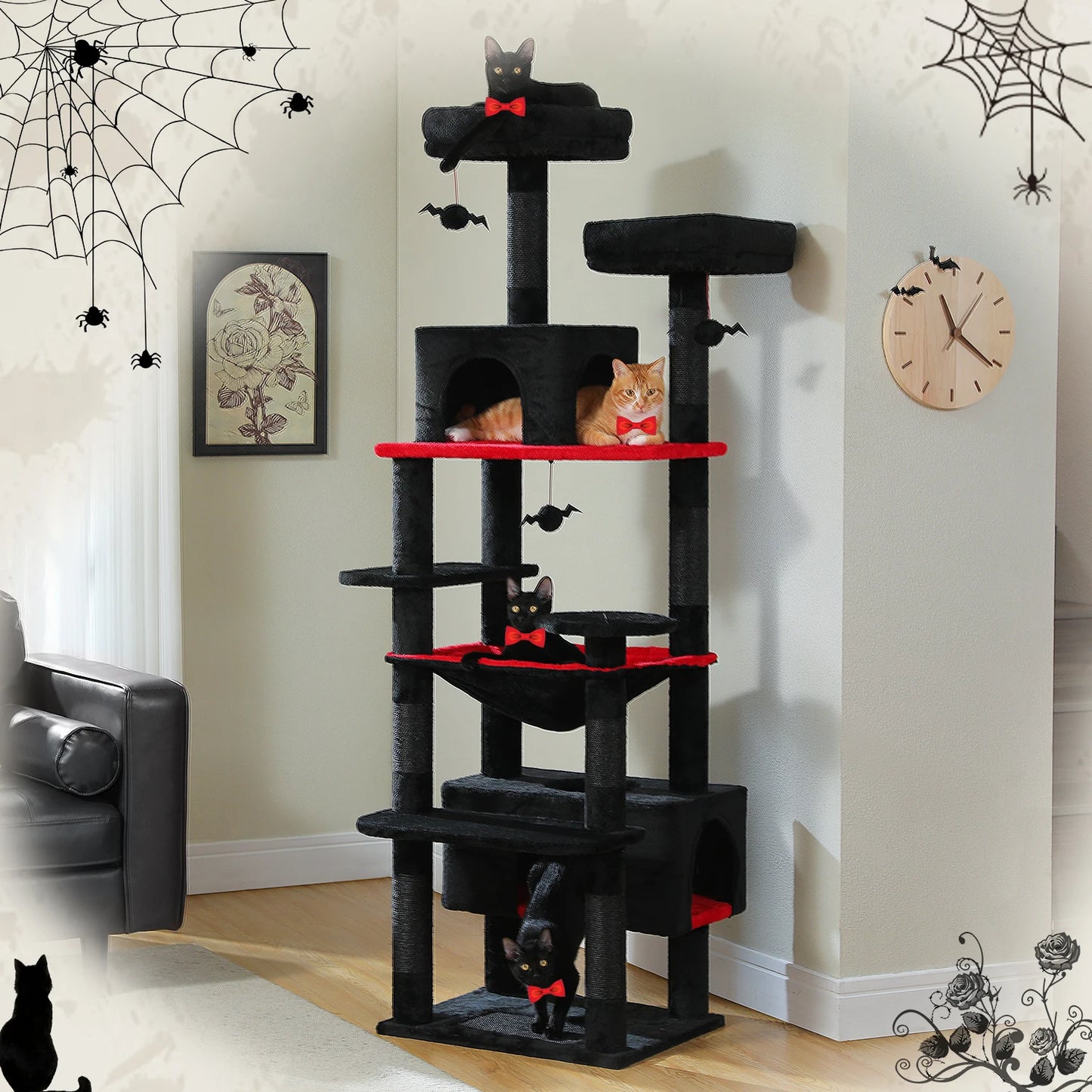 Arbre à chat noir et rouge avec plateformes, grottes et griffoirs pour chats, décoration Halloween