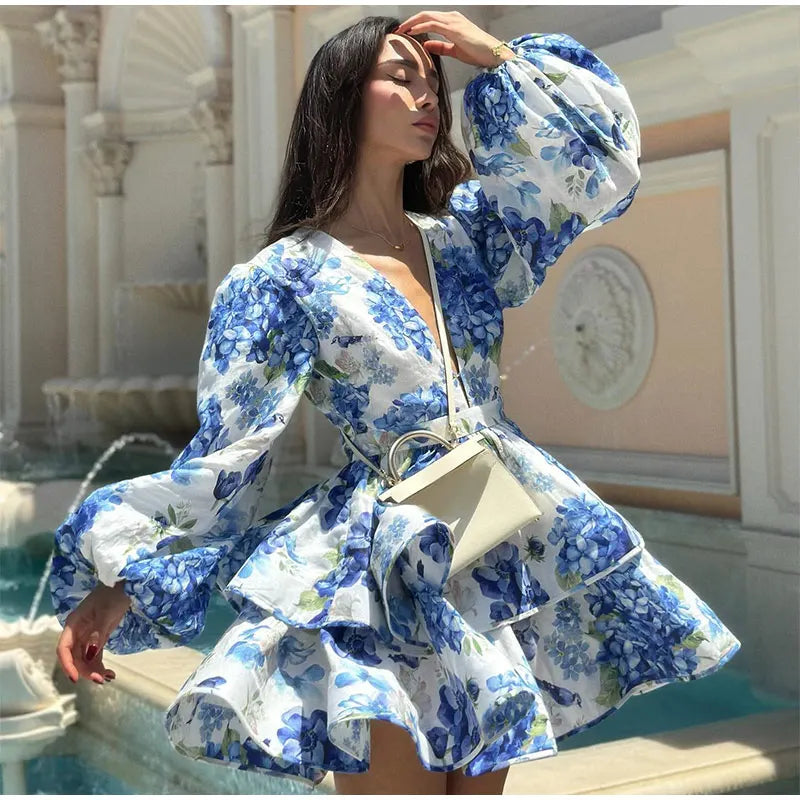 Femmes cravate-teinture 3D fleur col en V pleine sans manches Mini robes mode mince imprimé plusieurs plis robes nouvelle dame vêtements de vacances