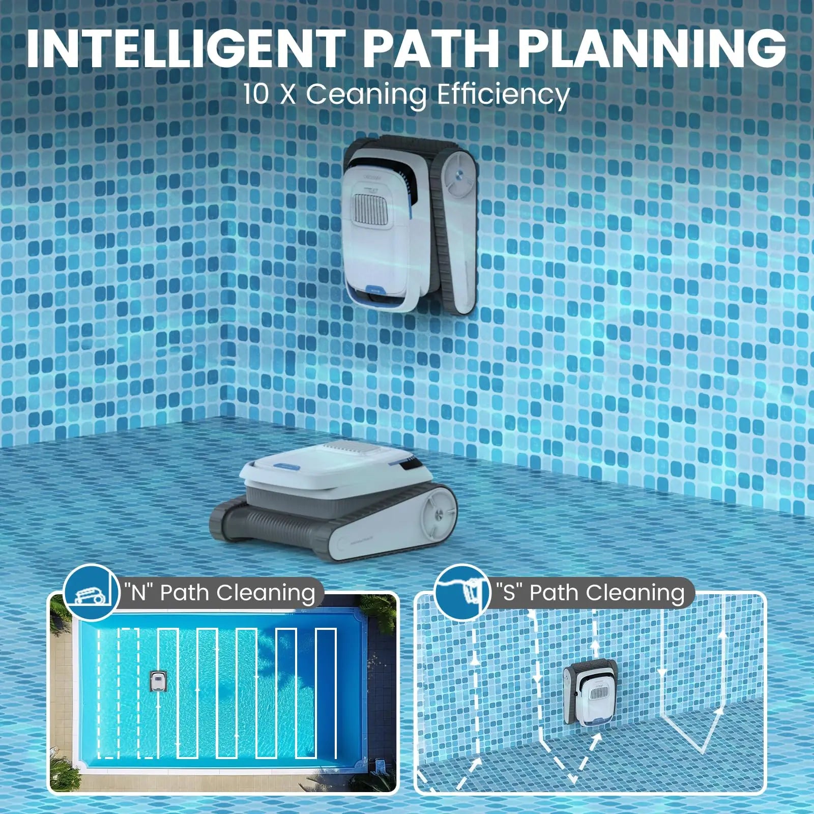 Robot nettoyeur de piscine intelligent avec planification de trajet N et S, efficacité de nettoyage 10x