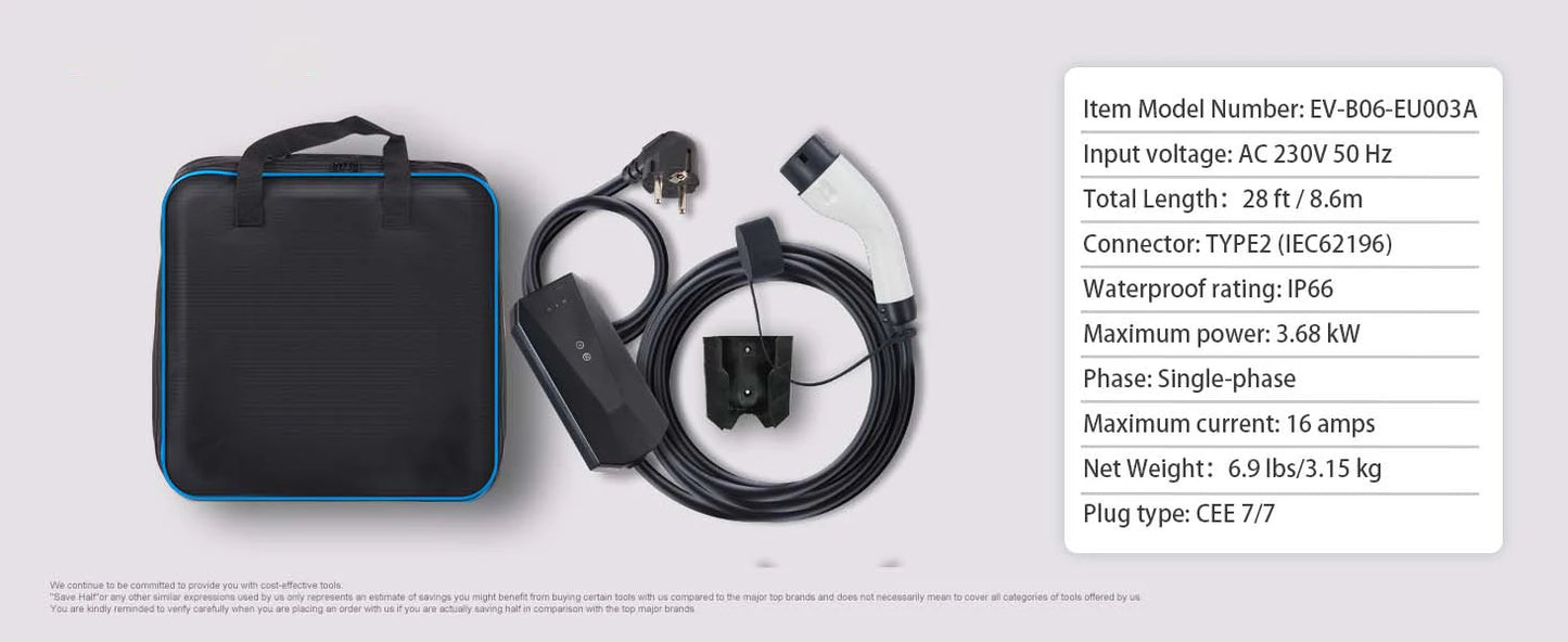 Câble de recharge électrique EV Type 2 IP66, 3.68 kW, avec sac de transport, pour voiture électrique