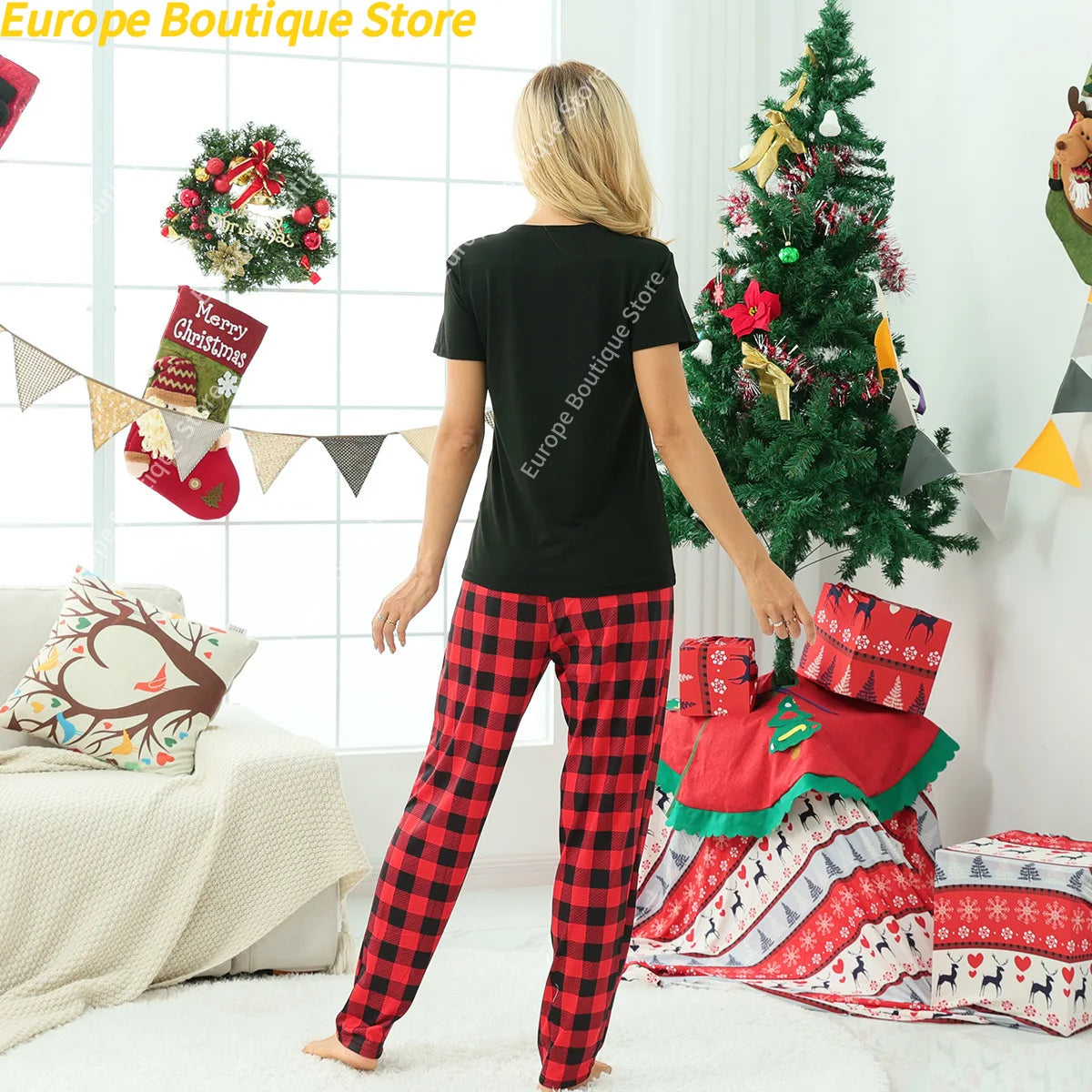 Costume du nouvel an 2025, ensemble pyjama de noël à manches courtes, tenues assorties pour famille/couples/enfants, T-shirt + pantalon, vêtements de nuit