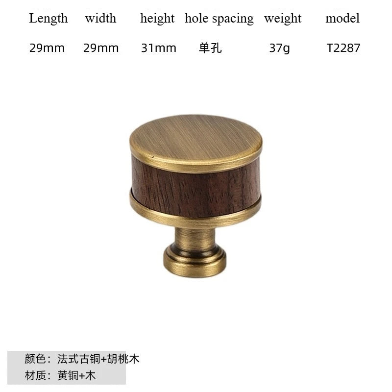 Nouvelle poignée de porte d'armoire en noyer de style chinois – Bouton rond monotrou en laiton et bois nordique en or pour tiroirs et meubles