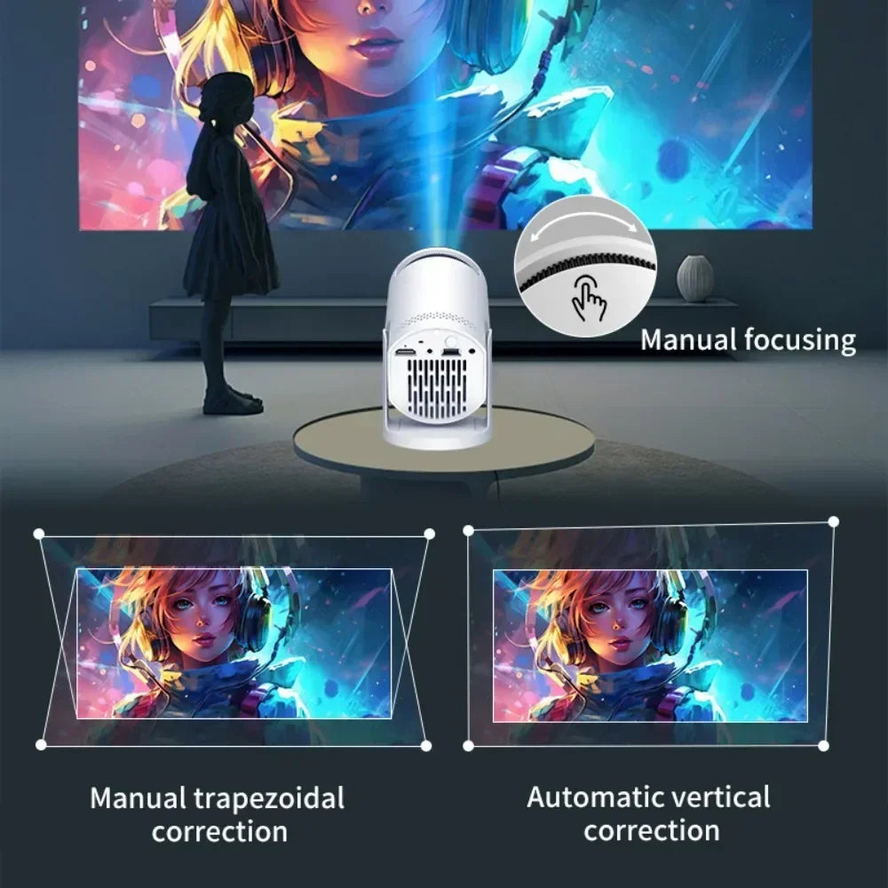 Projecteur LED compact avec mise au point manuelle et correction automatique verticale, idéal pour cinéma maison