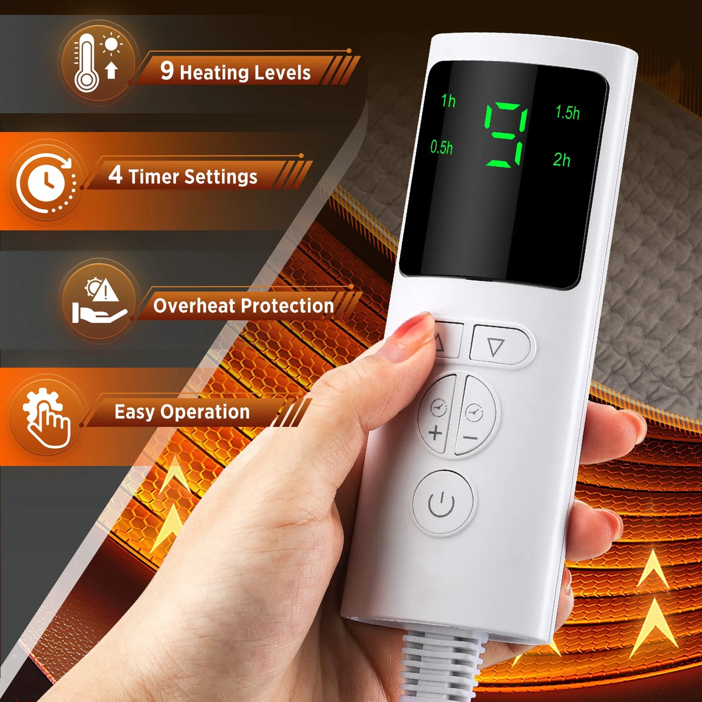 Télécommande chauffante avec 9 niveaux, minuterie et protection anti-surchauffe