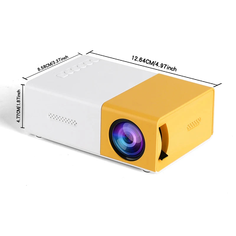 Mini projecteur portable blanc et jaune, compact 12,64 cm, idéal pour cinéma maison ou présentations