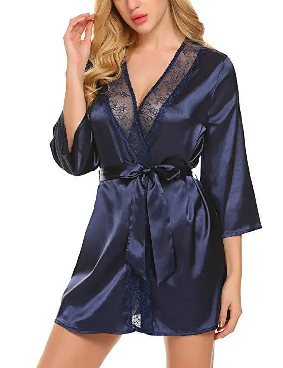 Robe de Nuit Sexy en Satin et Dentelle pour Femme, Chemise Courte, Kimono, Peignoir, Lingerie, Douce, Confortable, Noire, Grande Taille