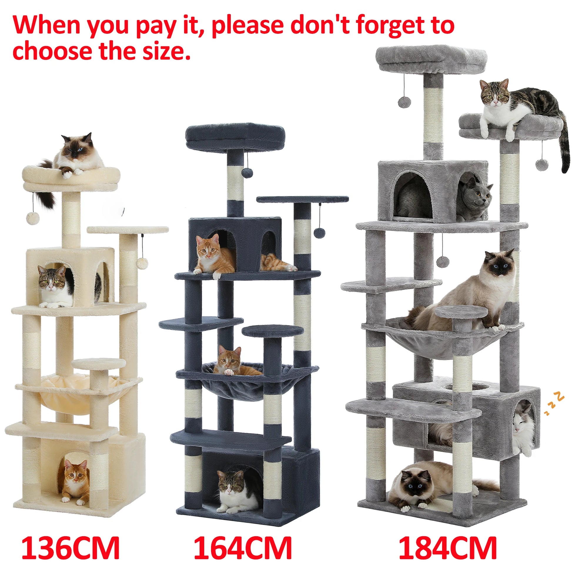 Arbre à chat multicolore avec plateformes, cabanes et griffoirs pour chats, tailles 136cm, 164cm, 184cm
