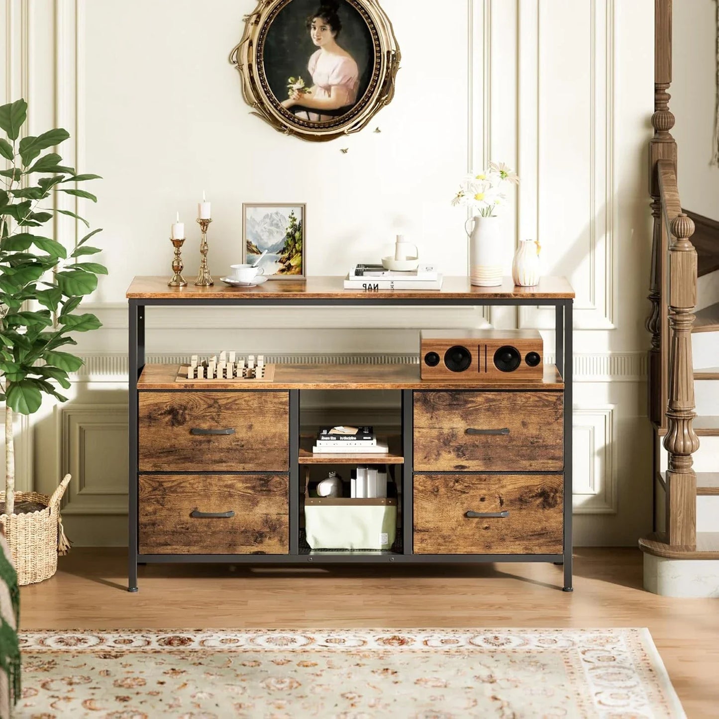 Rosahqnda Meuble TV avec 4 tiroirs, meuble TV, étagères réglables, table TV, meuble TV meuble de salon