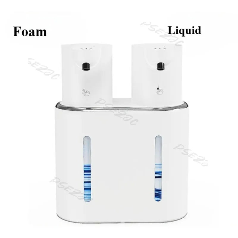 Distributeur automatique double pour mousse et liquide, design moderne, idéal salle de bain ou cuisine