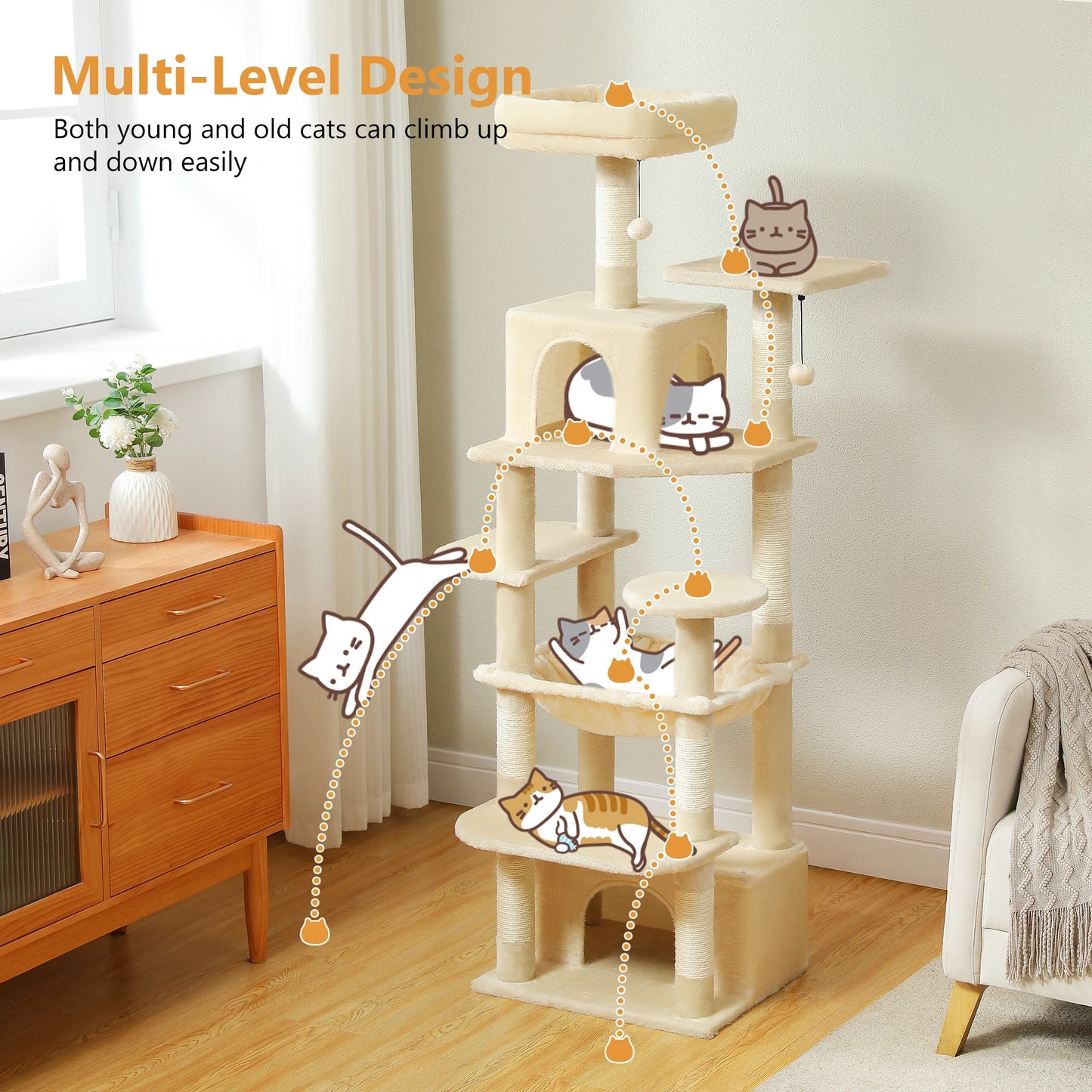 Arbre à chat multi-niveaux beige avec griffoirs, plateformes et niches pour chats, design moderne pour intérieur